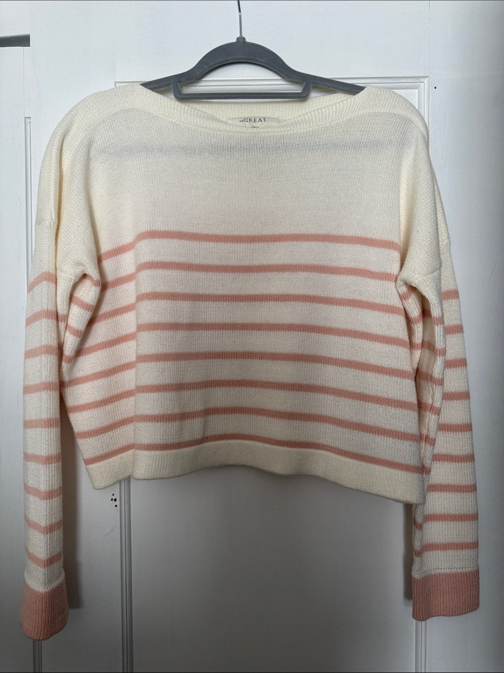 THE GREAT. Cream Sweater with Blush-Pink Stripes